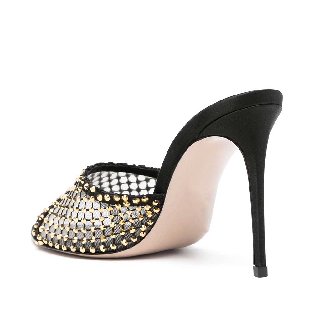 Black Mesh Pointy Toe Gold Rhinestone Inlay High Heel Mules