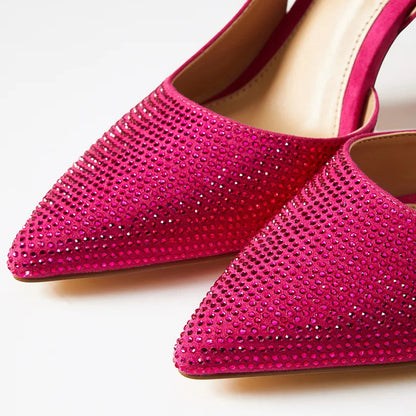 Fuchsia Pointed Kitten Heel Wedding Rhinestones Slingback Pumps