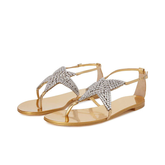 FSJ Metallic Gold Thong Sandals Crystal Star Ankle Strap Flats