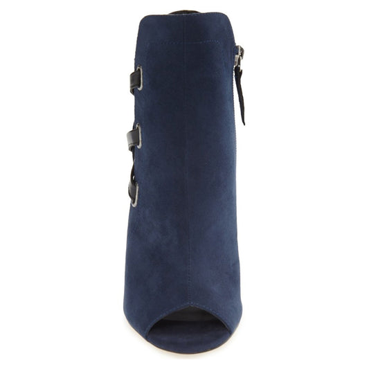 Women's Navy Peep Toe Vegan Suede Lace Up Chunky Heel Ankle Boots