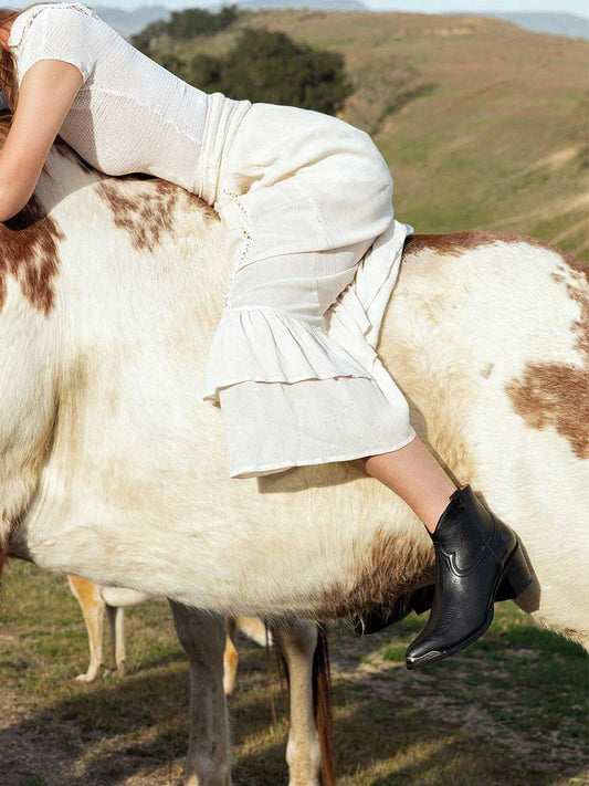 Black Vegan Leather Pointed Toe Chunky Heel Cowgirl Ankle Boots