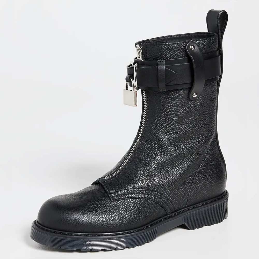 Black Round Toe Low Heel Front-Zip Ankle Boots with Buckle Straps