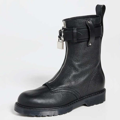 Black Round Toe Low Heel Front-Zip Ankle Boots with Buckle Straps