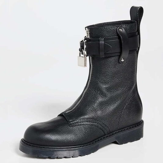 Black Round Toe Low Heel Front-Zip Ankle Boots with Buckle Straps