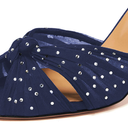 Women's Rhinestone Open Toe Stiletto Heel Navy Blue Mules Sandals