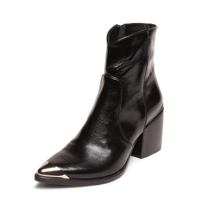 Black Pointed Toe Chunky Heel Side Zipper Western Ankle Boots