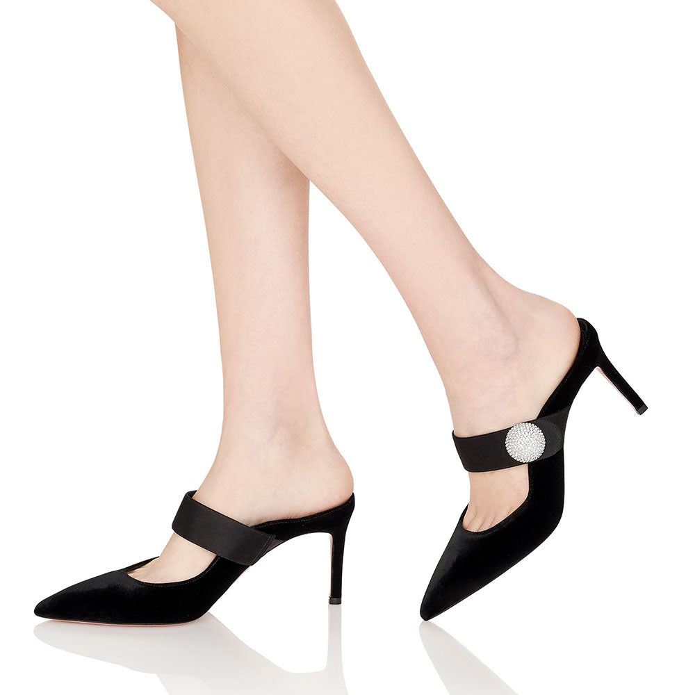 Black & Satin Velvet Pointed Toe Stiletto Heel Mules