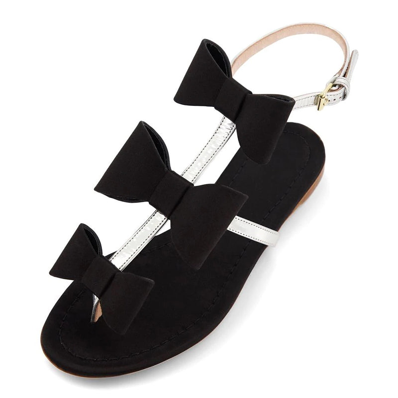 Black and Silver Thong Sandals Bows Embellished Slingback Flats