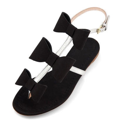 Black and Silver Thong Sandals Bows Embellished Slingback Flats