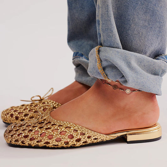 Gold Metallic Finish Square-Toe Woven Slip-On Comfy Flat Mules