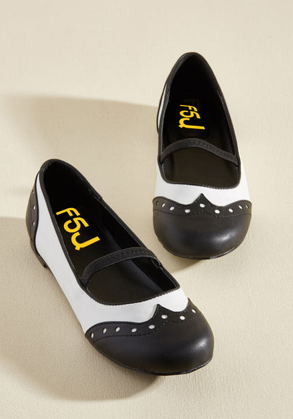 Black & White Wingtip Inspired Round Toe Flats with Elastic Strap