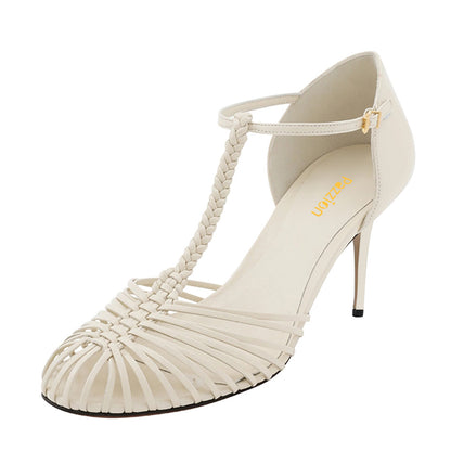 Ivory Woven Buckle T-Strap Cut-Out Stiletto Heel Pumps for Women