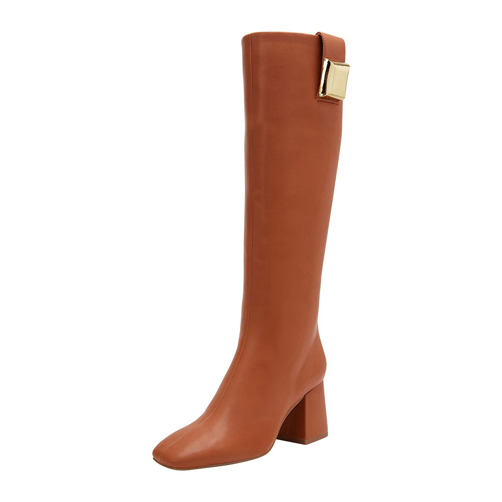 Brown Square Toe Chunky Heel Hardware Pull-On Knee High Boots
