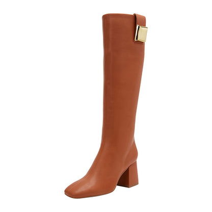 Brown Square Toe Chunky Heel Hardware Pull-On Knee High Boots