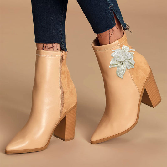 Women's Nude Pointed Toe Chunky Heel Rhinestone Floral Ankle Boots