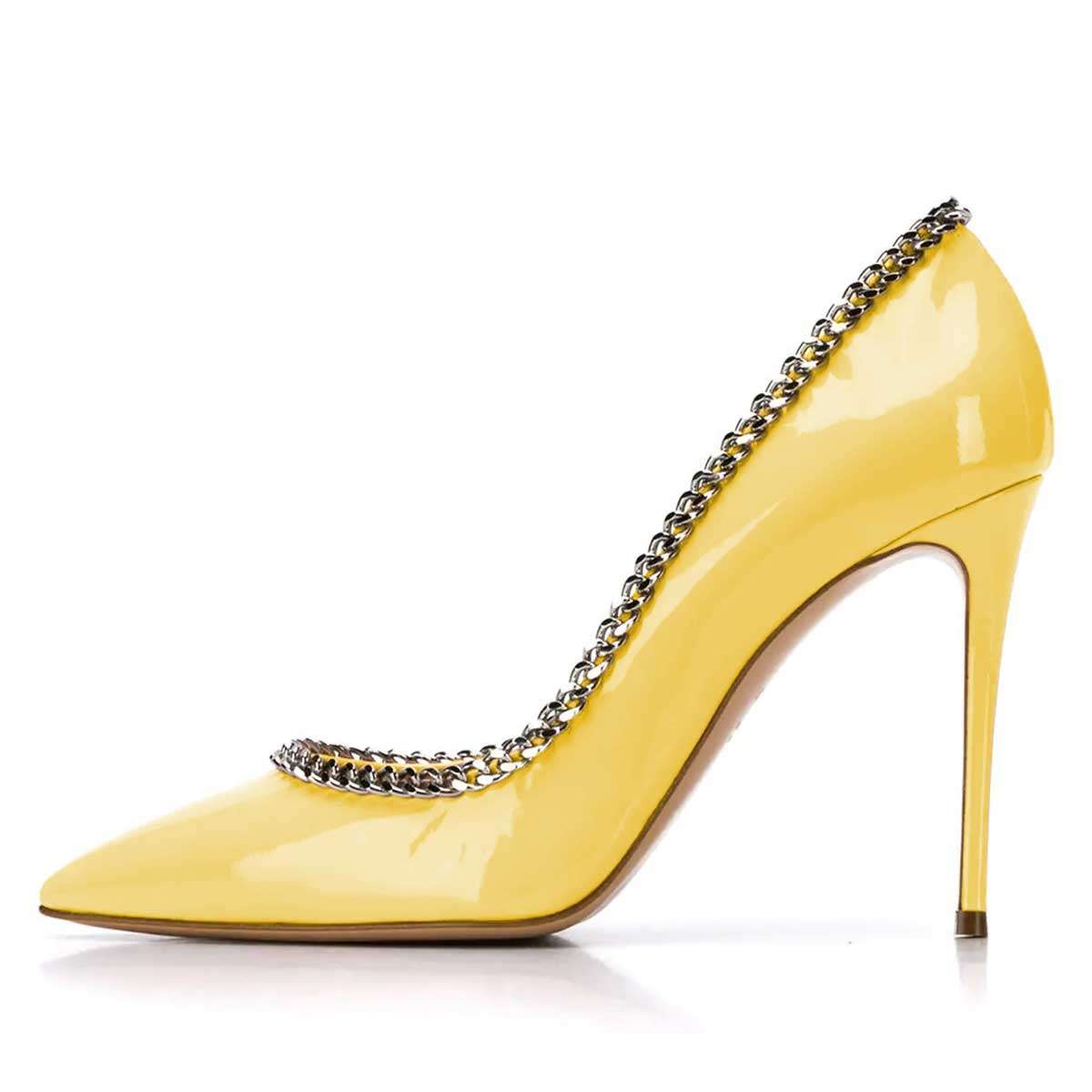 Yellow Chain Stiletto Heels Pointed Toe Pumps