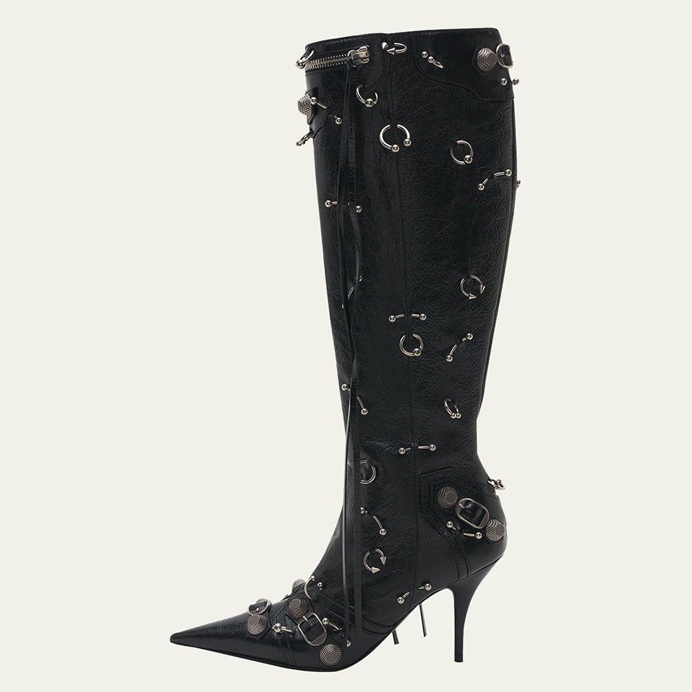 Black Pointed Toe Studded Buckled Knee High Boots with Ring-Piercing