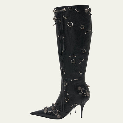 Black Pointed Toe Studded Buckled Knee High Boots with Ring-Piercing