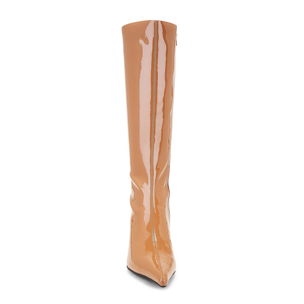 Simple Tan Patent Leather Pointed Toe Stiletto Heel Knee High Boots