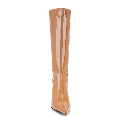 Simple Tan Patent Leather Pointed Toe Stiletto Heel Knee High Boots