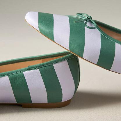 FSJ Chic White & Green Stripe Bow Ballet Flats with Square Toe