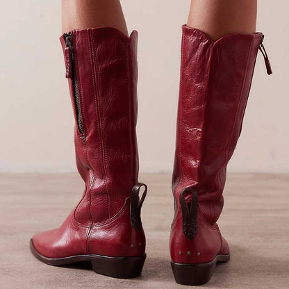 Pull Tab Pointed Toe Low Heel Mid Calf Boots with Zipper in Maroon