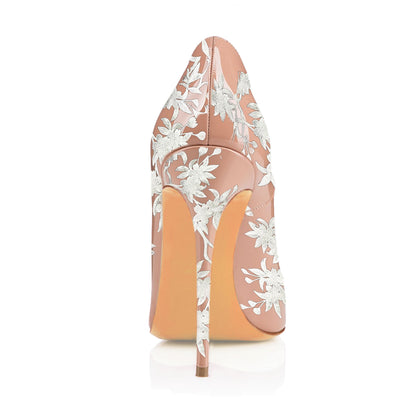 Women's Elegant Blush Patent Leather Pointed Toe Floral Pumps Heels