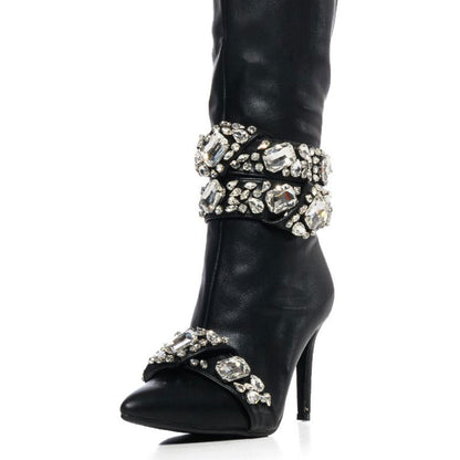 FSJ Black Pointed Toe Stiletto Mid Calf Boots with Crystal Band