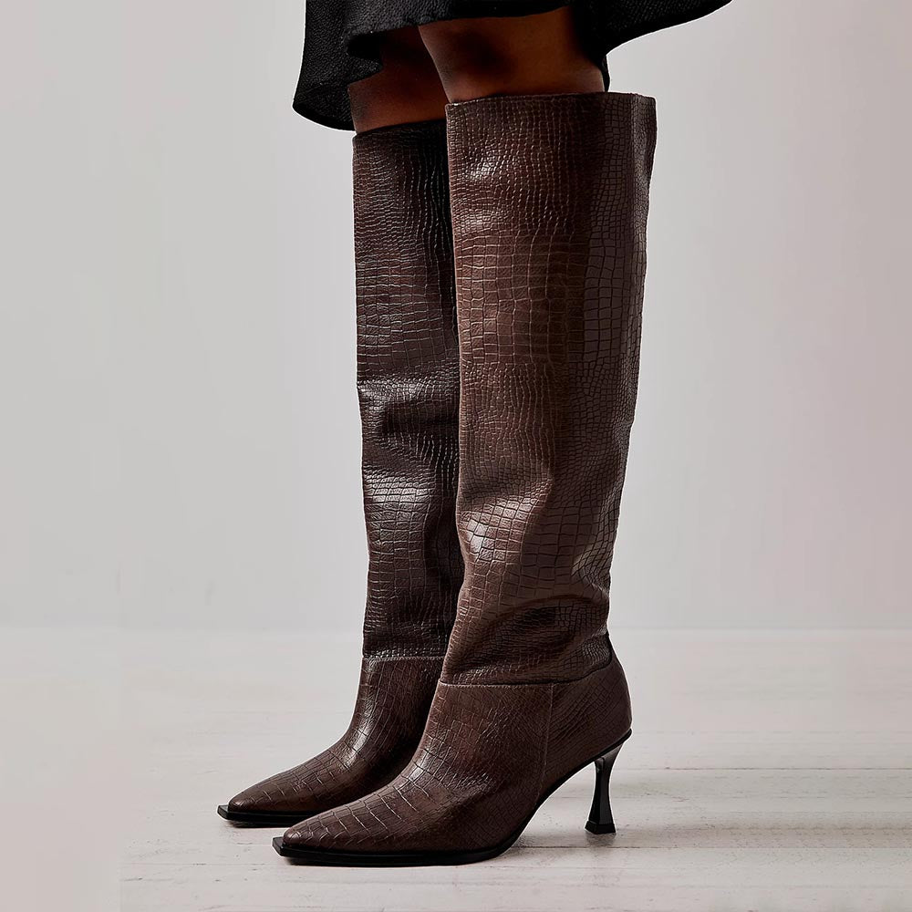 Brown Snip Toe 3'' Kitten Heel Wide Calf Croc Embossed Knee High Boots