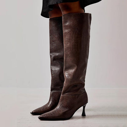 Brown Snip Toe 3'' Kitten Heel Wide Calf Croc Embossed Knee High Boots