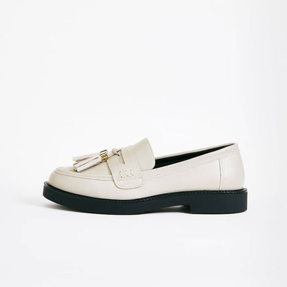 Beige Tassel Penny Loafers Round Toe Business Casual Shoes for Women