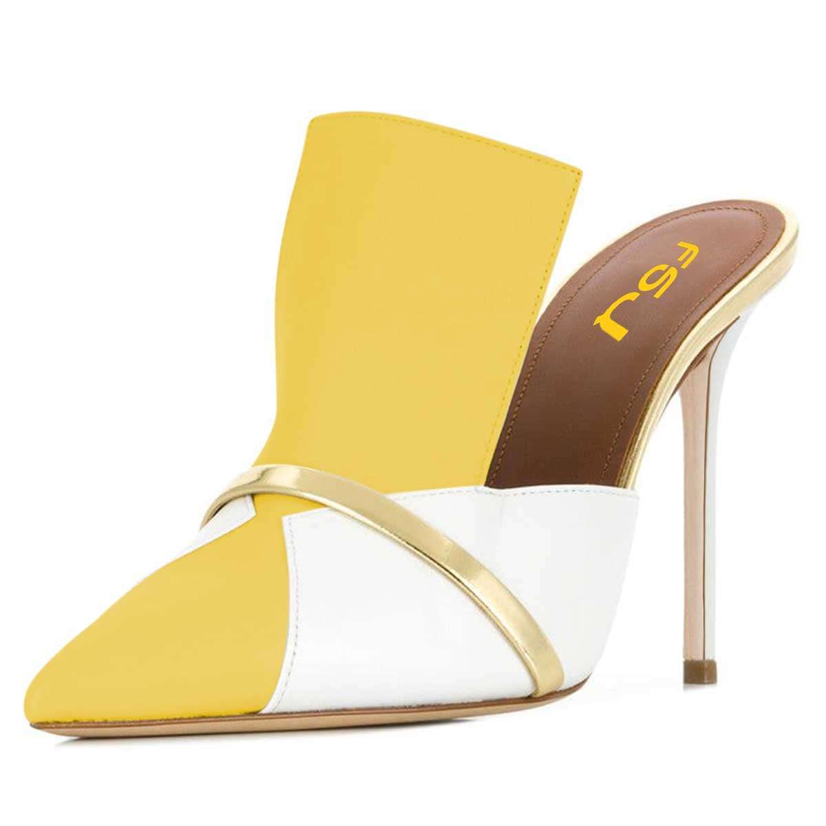 Yellow and White Mule Heels