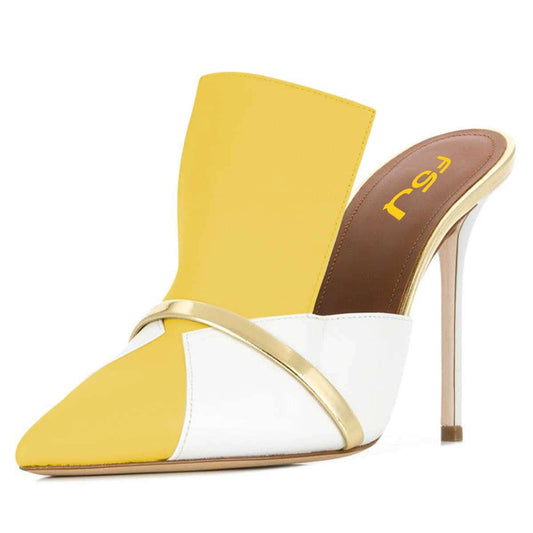 Yellow and White Mule Heels