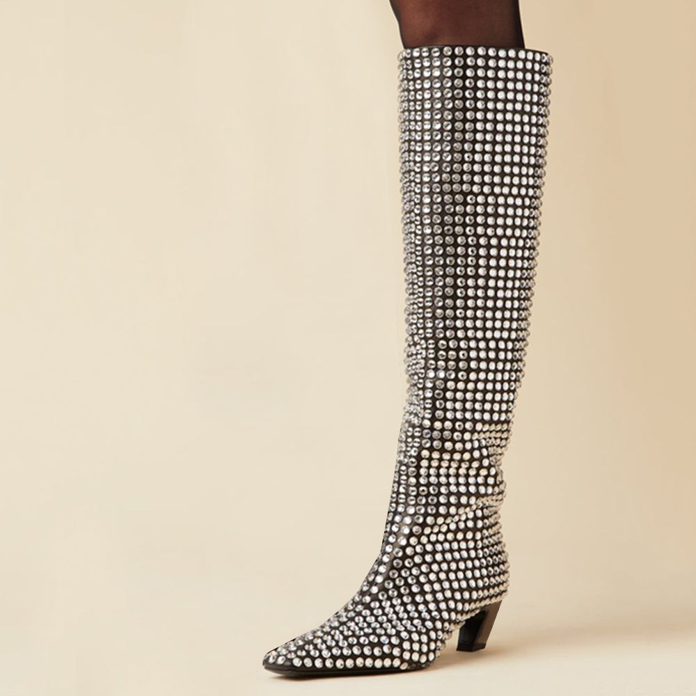 Stylish Rhinestone Embellished Chunky Heel Knee High Boots in Black