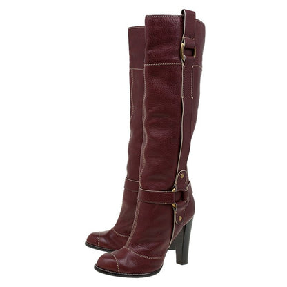 Burgundy Vintage Buckle Detail Chunky Heel Knee High Boots