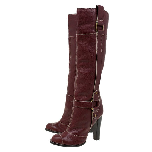 Burgundy Vintage Buckle Detail Chunky Heel Knee High Boots