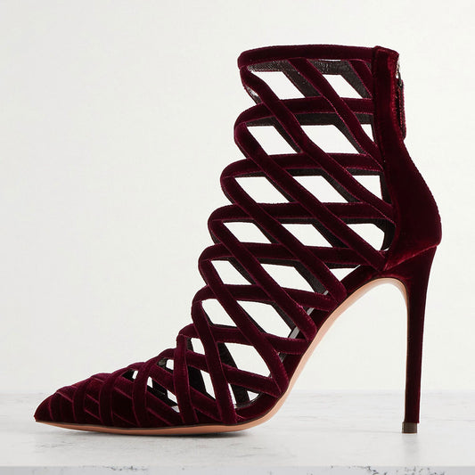 Burgundy Velvet Pointy Toe Woven Cage Design Heeled Ankle Boots