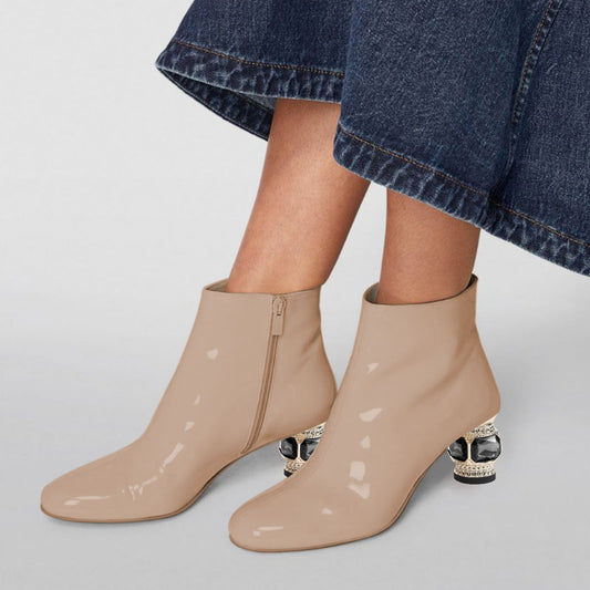 Beige Patent Leather Round Toe Decorative Heel Side-Zip Ankle Boots
