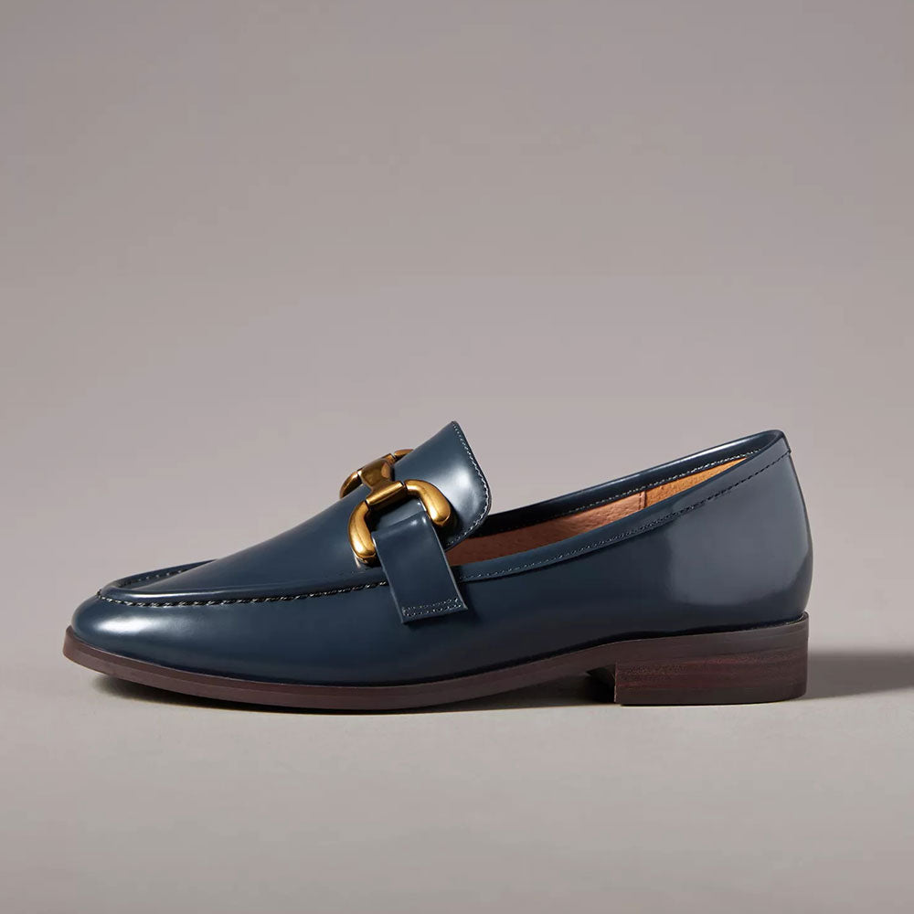 Black Faux Suede Round Toe Flat Formal Loafers with Chain