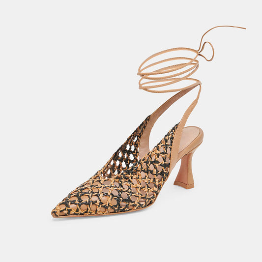 Chic Black & Nude Woven Pointed Toe Lace-Up Flared Heel Sandals