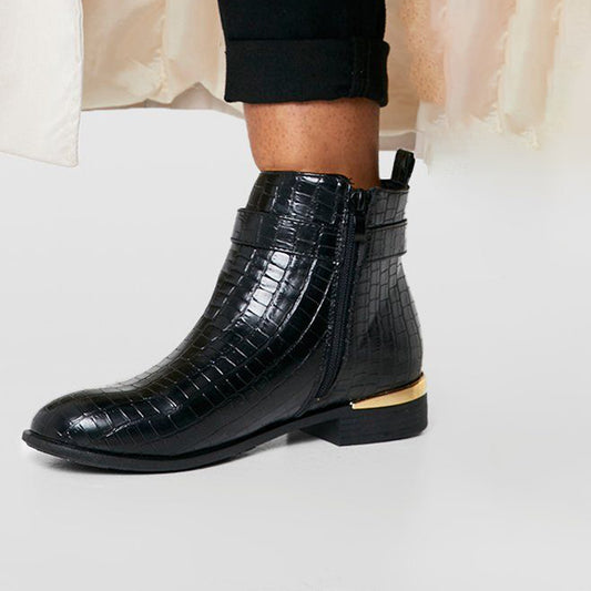 Black Crocodile  Ankle Boots With Zipper Chunky Low Heel