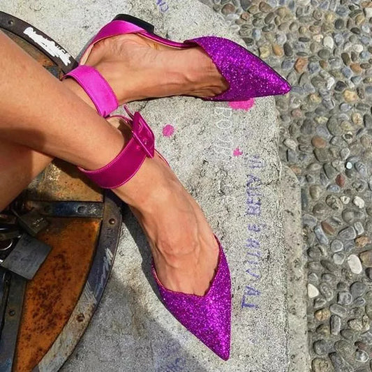 Purple Glitter & Satin Buckled Ankle Strap Pointed Toe Flats