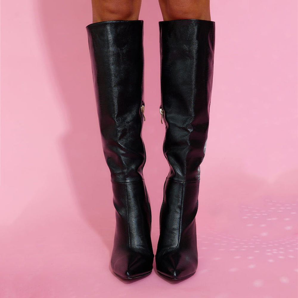 Women's Black Lizard Embossed Chunky Heel Knee High Boots with Zip