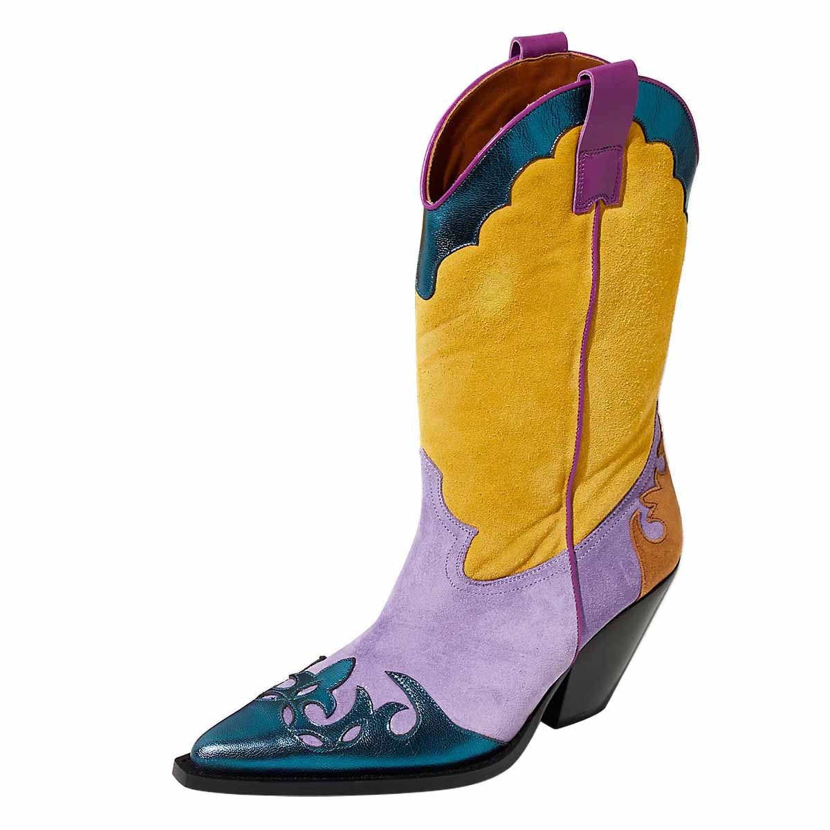 Yellow & Purple Patchwork Pointed Toe Cowgirl Boots with Chunky Heel
