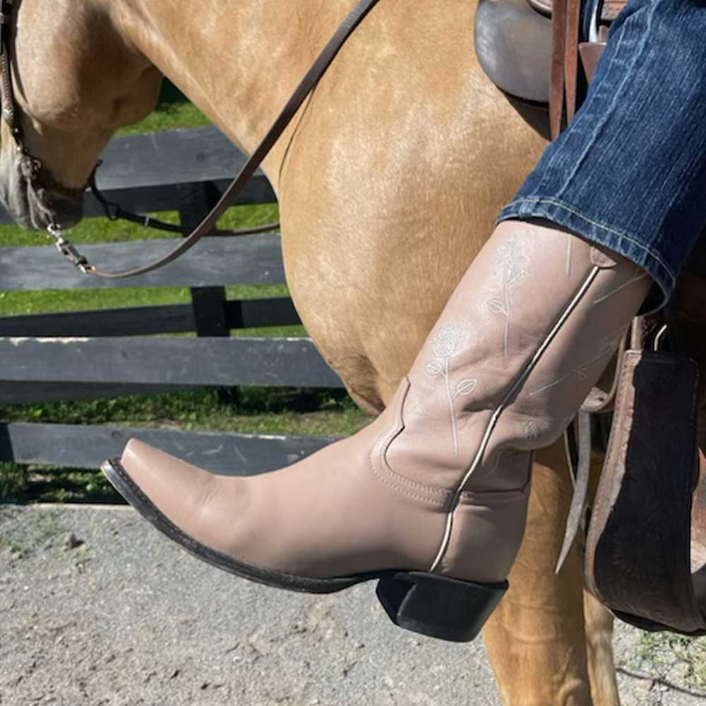 Nude Rose Embroidered Chunky Heel Mid-Calf Cowboy Boots for Women