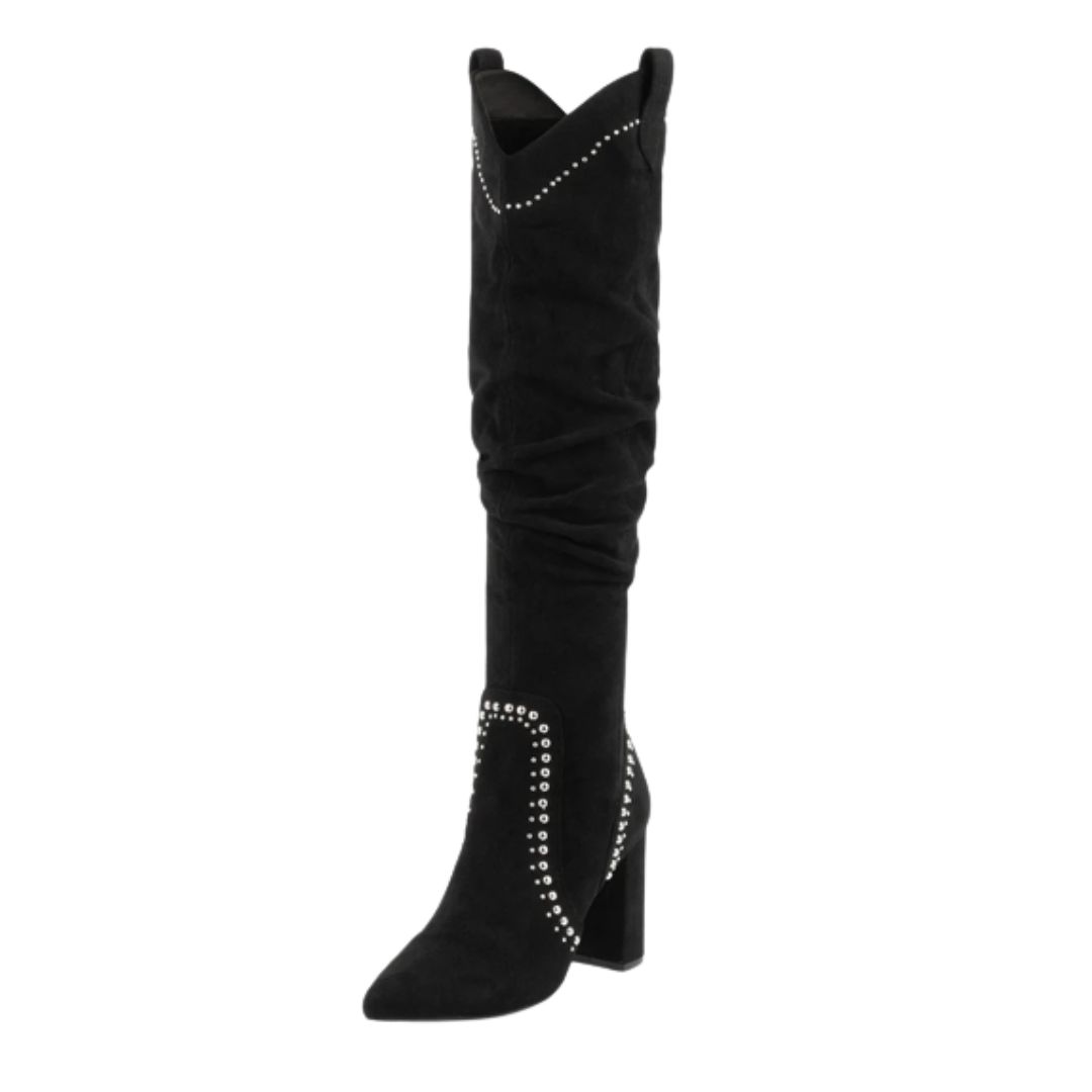 Black Vegan Suede Studs Chunky Heel Knee High Boots