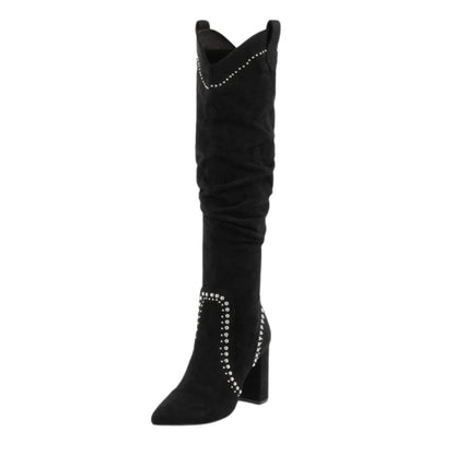 Black Vegan Suede Studs Chunky Heel Knee High Boots