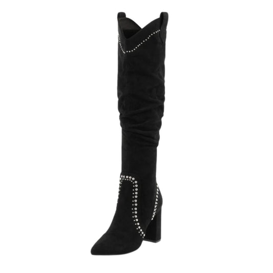 Black Vegan Suede Studs Chunky Heel Knee High Boots