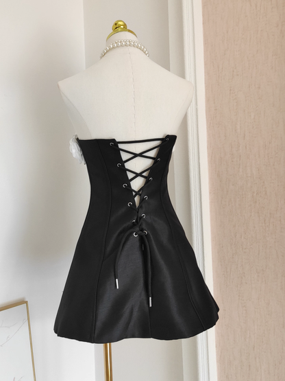 Vintage 3D Flowers Strapless A-Line Lace-up Satin Homecoming Dress Party Dress Short Cocktail Dress TP4844