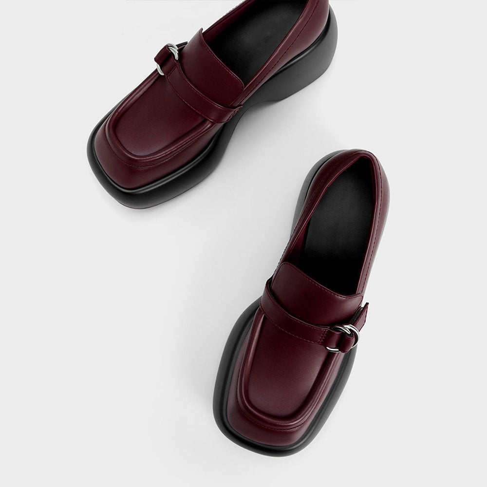 Burgundy Square Toe Chunky Heel Platform Loafers with Buckle Decor